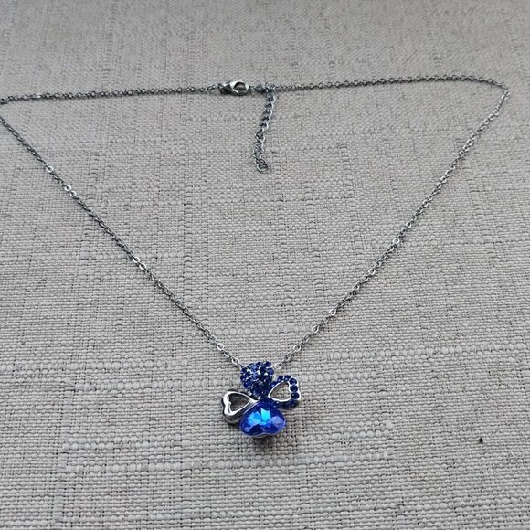 4 Hearts Pendant Necklace Blue Crystals Accent Silver Tone Chain Fashion Jewelry - Picture 5 of 11